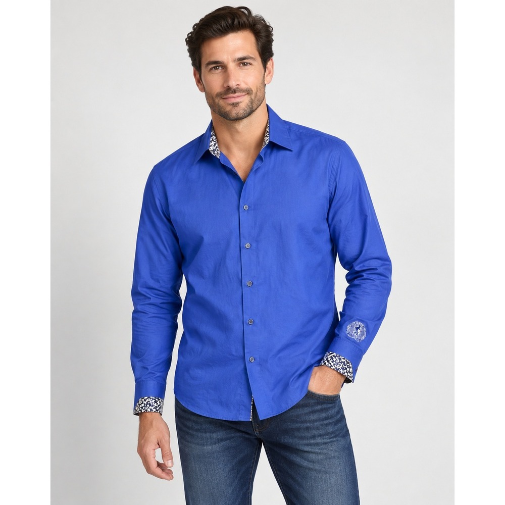 Bugatchi Uomo Mens Royal Blue Shaped Fit Floral Trim Cotton Button Down Shirt XL